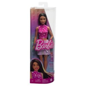 Barbie Fashionistas Doll #215 with Black Straight Hair, Pink Star-Print Top & Iridescent Skirt, 65th Anniversary Collectible Fashion Doll