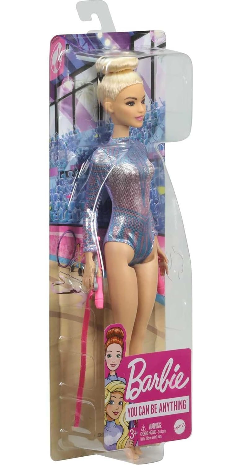 Barbie Rhythmic Gymnast Blonde Doll (12-in/30.40-cm) with Colorful Metallic Leotard, 2 Clubs & Ribbon Accessory, Great Gift for Ages 3 Years Old & Up