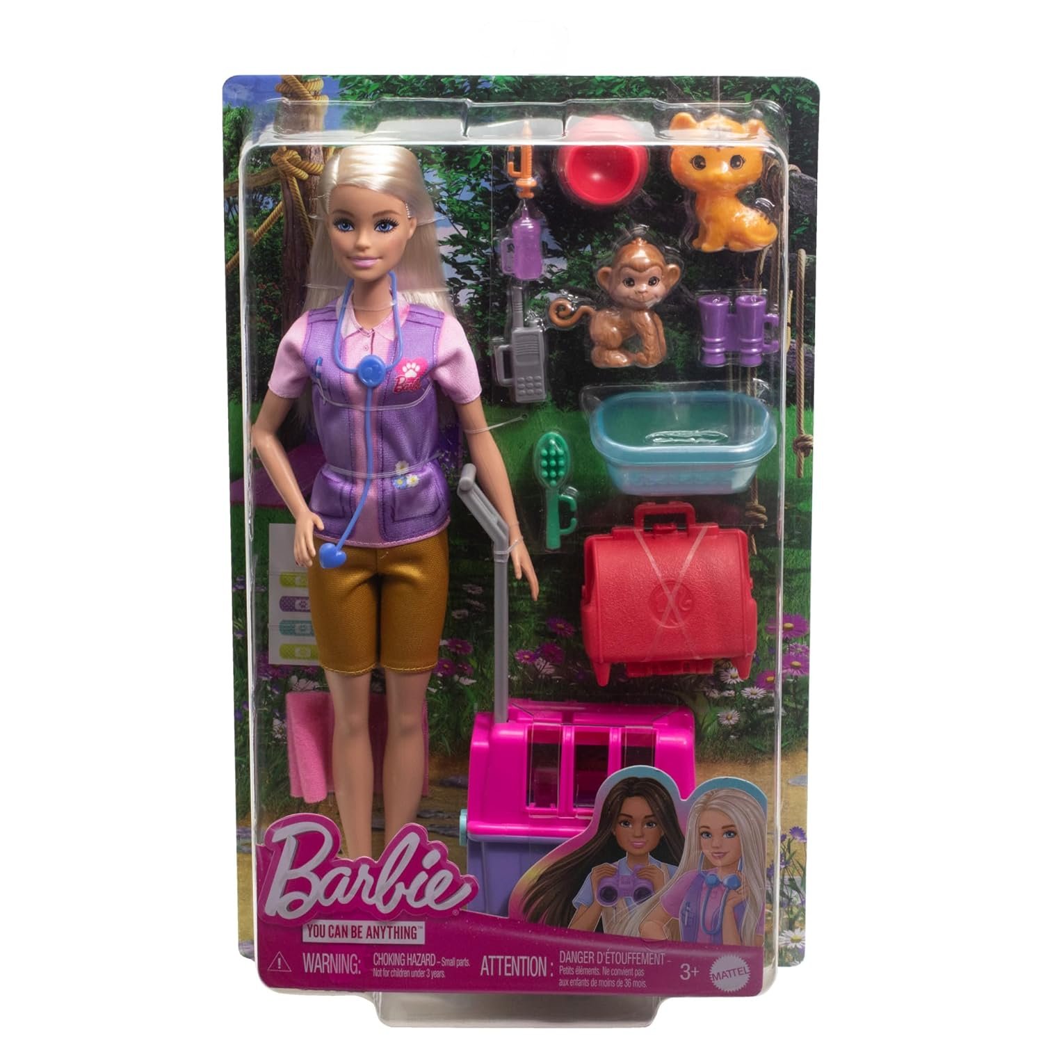 Barbie Careers Doll & Accessories, Animal Rescue & Recovery Playset with Blonde Doll, Baby Monkey & Tiger Figures, Carrier & More
