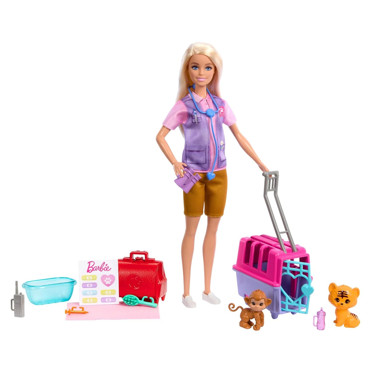 Barbie Careers Doll & Accessories, Animal Rescue & Recovery Playset with Blonde Doll, Baby Monkey & Tiger Figures, Carrier & More - Image 2