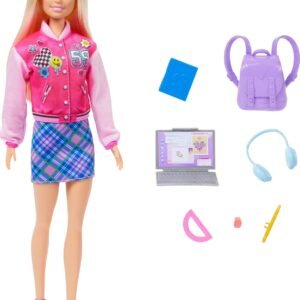 Mattel I Love School Doll & Accessories Toy Set, 7 Pieces Include Backpack, Laptop & More, Blonde Fashion Doll Wears Removable Look,Dollhouse Set