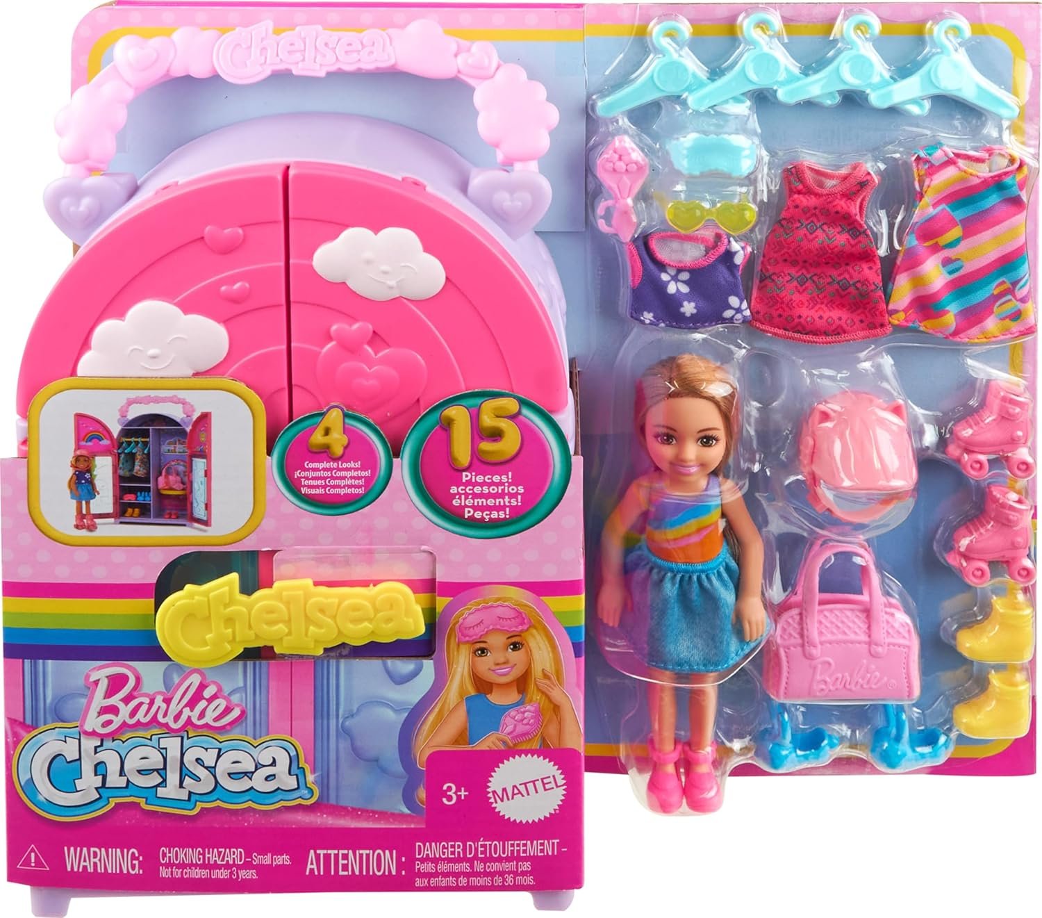 Chelsea Doll & Closet Toy Playset with 15 Pieces Clothes & Accessories Included, Foldable Set for On-The-Go Play & Storage