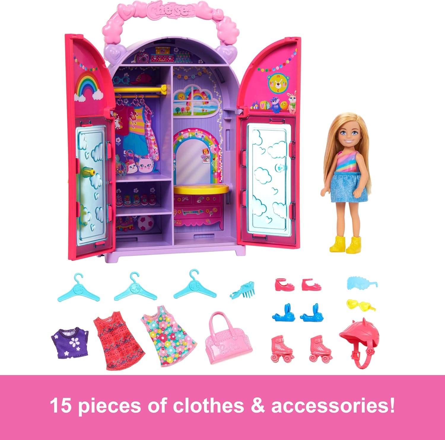 Chelsea Doll & Closet Toy Playset with 15 Pieces Clothes & Accessories Included, Foldable Set for On-The-Go Play & Storage - Image 3