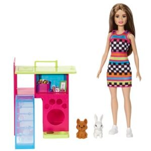 Playset with Pet Playhouse, Doll (Brunette, Petite), Puppy and Bunny Pets, Toy for 3 Year Olds & Up