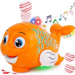 Zest 4 Toyz Musical Fish Toy for Kids with Universal Wheel Bump n Go, Blowing Ball Function, Flashing Light & Sound Toy for Babies Boys Girls (Pack of 1) Multicolor