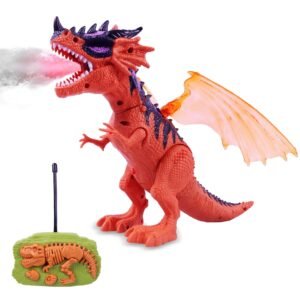 Remote Control Walking Dinosaur T-Rex with Water Mist Spray Function Moving Wings Lights and Roaring Sound Electric Dino Toy for Kids 3-12 Years, Brown