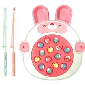 Rabbit Face Rotating Fish Pond Musical Fishing Game Toy Set for Kids with 2 Fishing Poles, 15 Colorful Fishes - Safe and Durable Gift