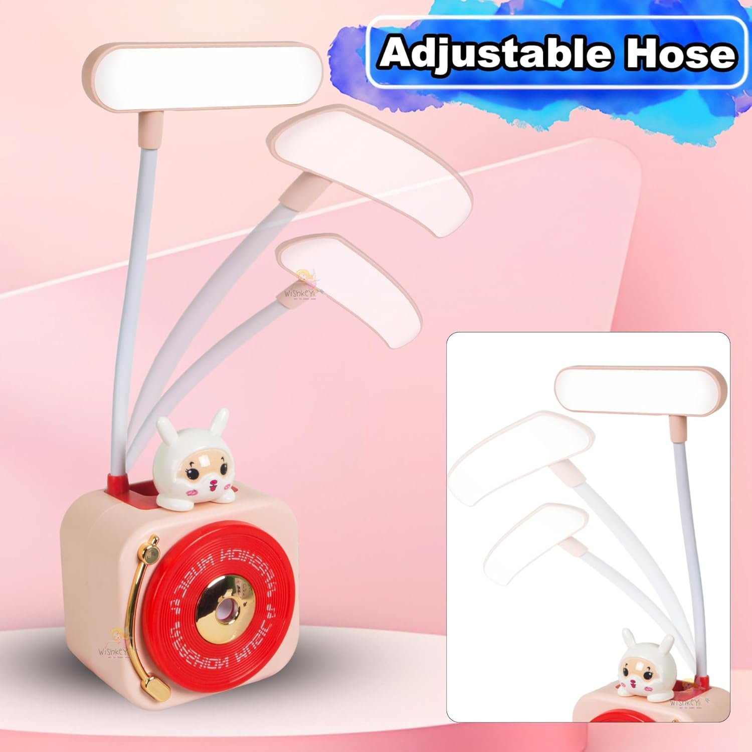 WISHKEY plastic 3-in-1 LED Desk Lamp with Pencil Sharpener and Pen Holder, Rabbit Theme, Rechargeable Study Desk Lamp with 3 Light Modes, 360° Flexible Hose Table Lamp for Kids, Blue (Pack of 1) - Image 2
