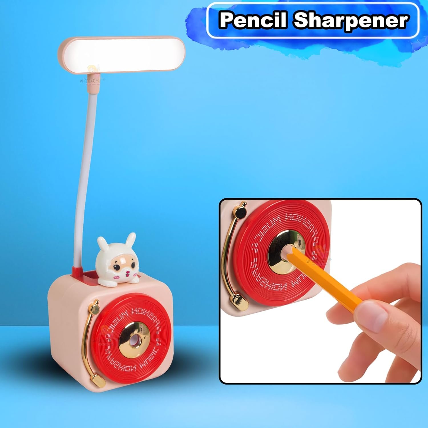 WISHKEY plastic 3-in-1 LED Desk Lamp with Pencil Sharpener and Pen Holder, Rabbit Theme, Rechargeable Study Desk Lamp with 3 Light Modes, 360° Flexible Hose Table Lamp for Kids, Blue (Pack of 1) - Image 6