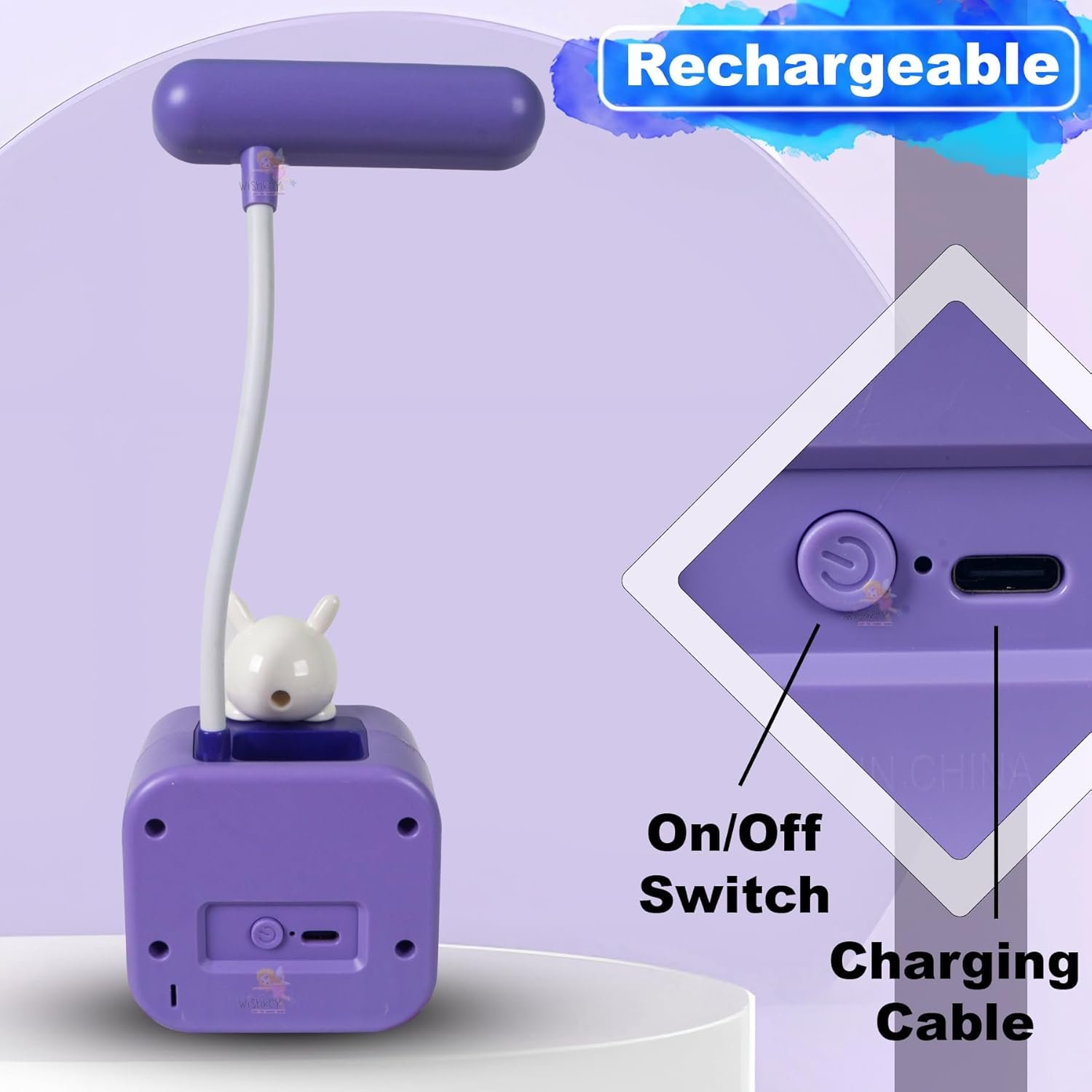 WISHKEY plastic 3-in-1 LED Desk Lamp with Pencil Sharpener and Pen Holder, Rabbit Theme, Rechargeable Study Desk Lamp with 3 Light Modes, 360° Flexible Hose Table Lamp for Kids, Blue (Pack of 1) - Image 8