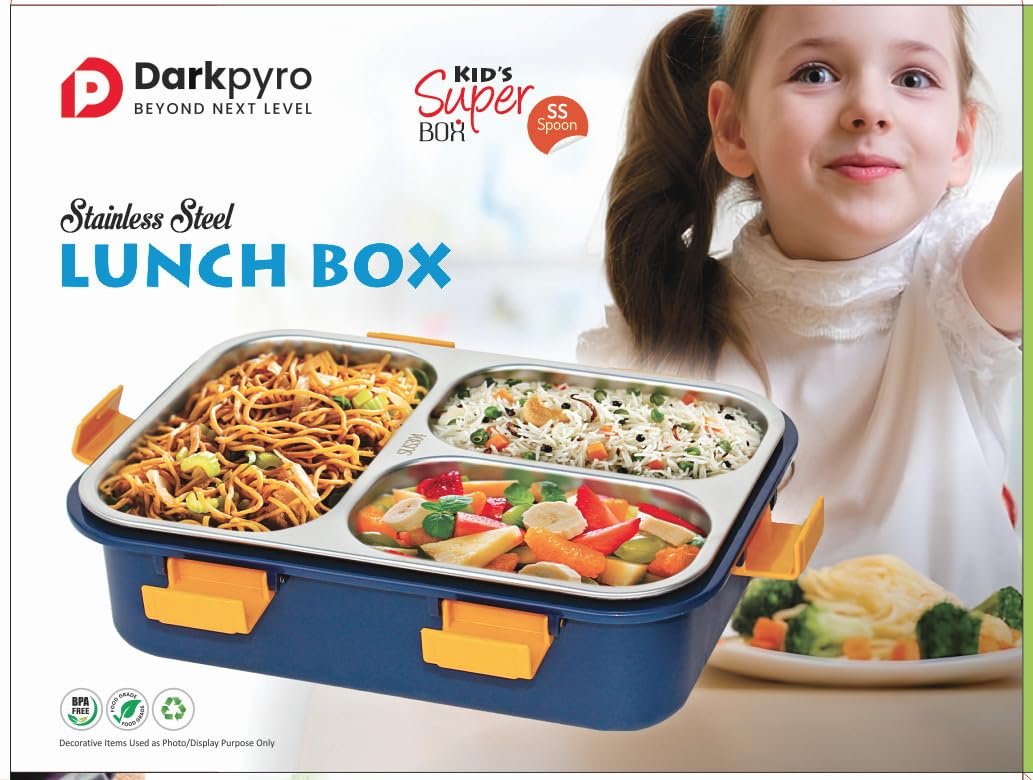 Darkpyro 3 Compartment Stainless Steel Lunch Box, Leakage Proof Lunch Box For School Kids And Adults Pack Of 1 Blue,750ML - Image 2