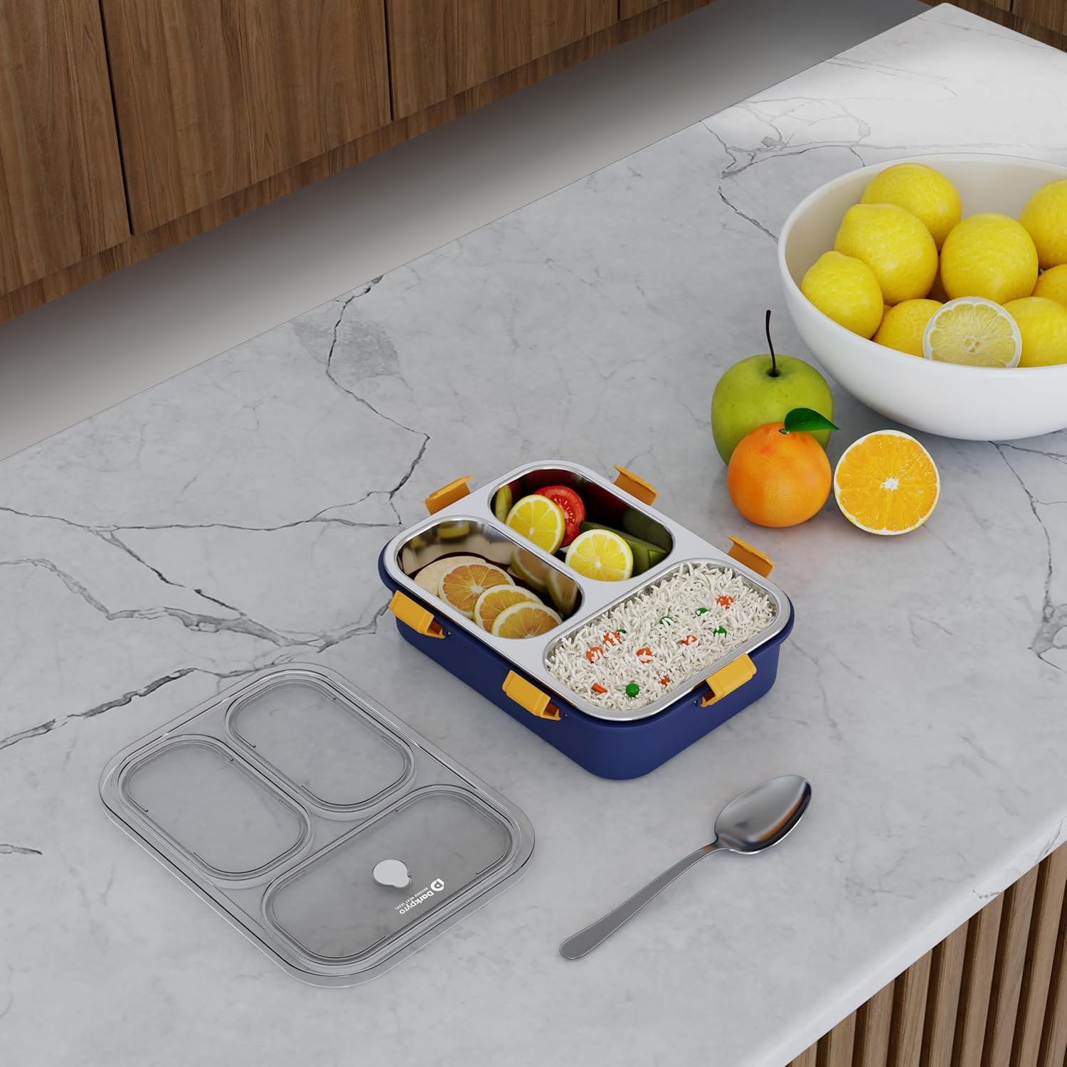 Darkpyro 3 Compartment Stainless Steel Lunch Box, Leakage Proof Lunch Box For School Kids And Adults Pack Of 1 Blue,750ML - Image 4