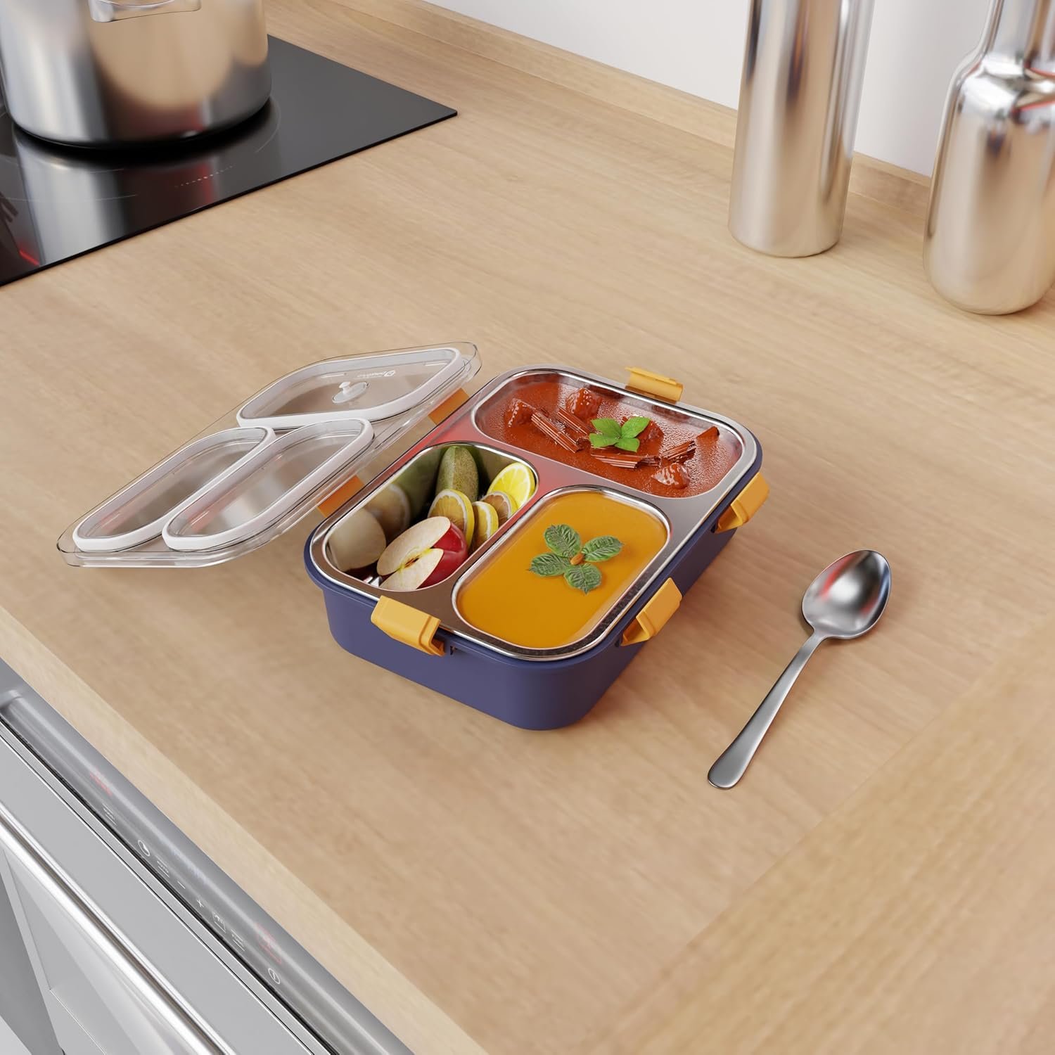 Darkpyro 3 Compartment Stainless Steel Lunch Box, Leakage Proof Lunch Box For School Kids And Adults Pack Of 1 Blue,750ML - Image 5