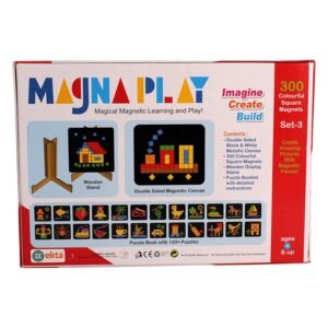 Magna Play Set-3 with Wooden Stand, 300 Colourful Square Magnets, 400+ Different Puzzles, Imagine/Create/Build, Magical Magnetic Learning and Play for Childrens Age 5 Years & Above - Multi Color