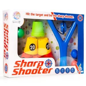 JH00996 (6) Sharp Shooter with 6 Plastic Cup Targets & 4 Balls, Slingshot Catapult Gulel Power Blaster Archery for Kids 5+ Years (Multicolour)