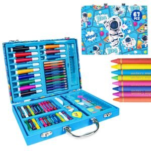 JH01025 (2) WISHKEY 67 Pieces Art Set for Kids with Space Theme Case, Art and Craft Supplies Kit for Drawing and Painting with Sketch Pen, Paint Colors, Brush, Color Pencils, Crayons (Pack of 1, Blue)