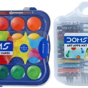DOMS Art Apps Nxt Kit with Plastic Carry Case, 9 Stationery Items 24 Shades Water Colour Cakes, 30mm, Organic Pigments, Free Brush, Non-Toxic