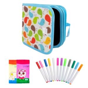 FINEMOE Reusable Doodle Book Set For Kids- 14 Page Erasable Drawing Notebook With 12 Sketch Pens,2 Wipes- Coloring Book,Painting Activity,Stationery Kit For Age 3-12,Gift For Girls & Boys (White Bird)