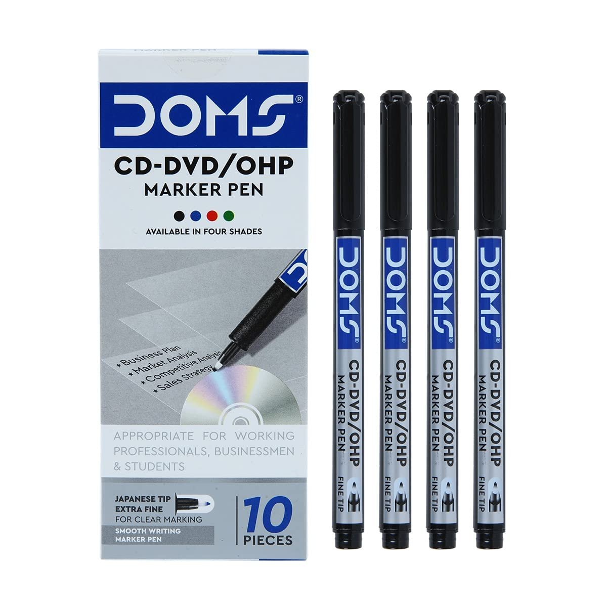 Doms CD-DVD/OHP Pens | Fine Tip Japanese Tip For Clear Marking | Marks On Most Surfaces | Unique Self Hydrating System | Black Ink, Pack of 10