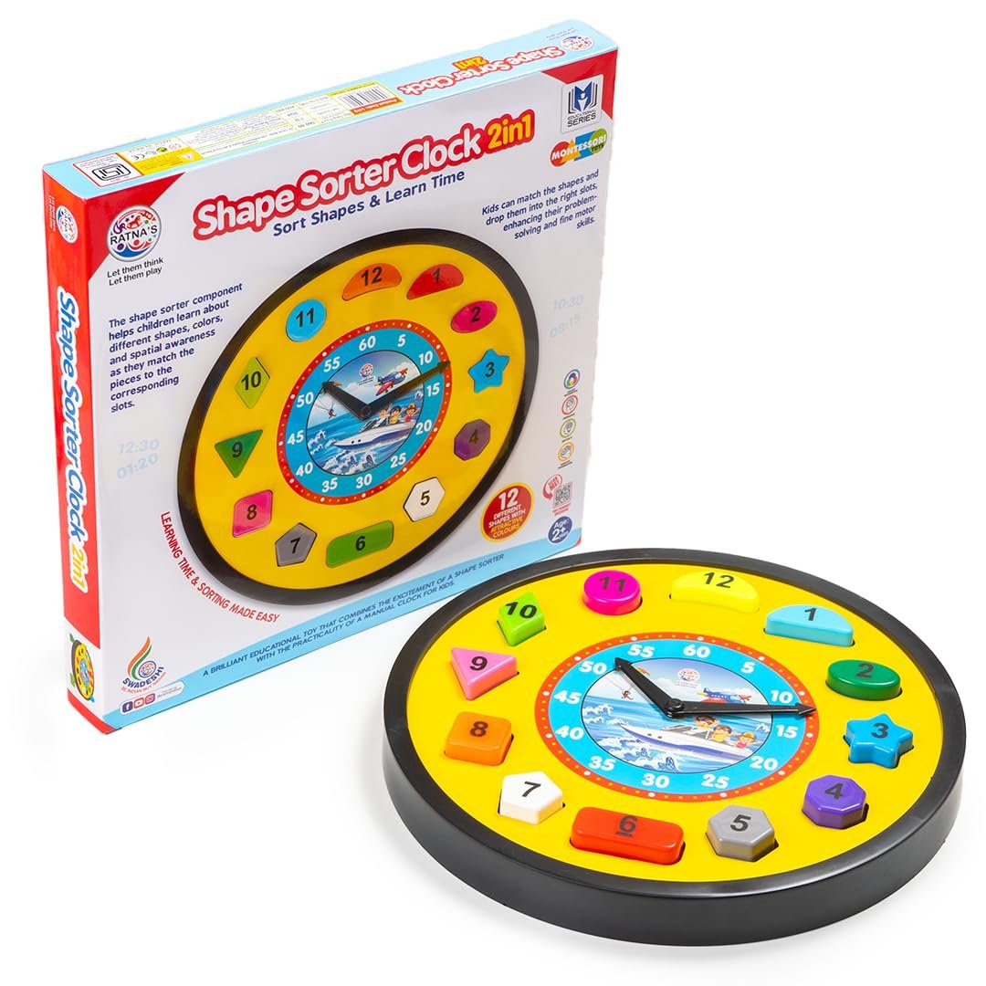 Shape Sorter Clock 2in1 Educational Clock Learning Toy Along with Shapes, Numbers & Colors Teaching Time Montessori Toys for Toddlers & Kids 3+ Years (Assorted Colours)