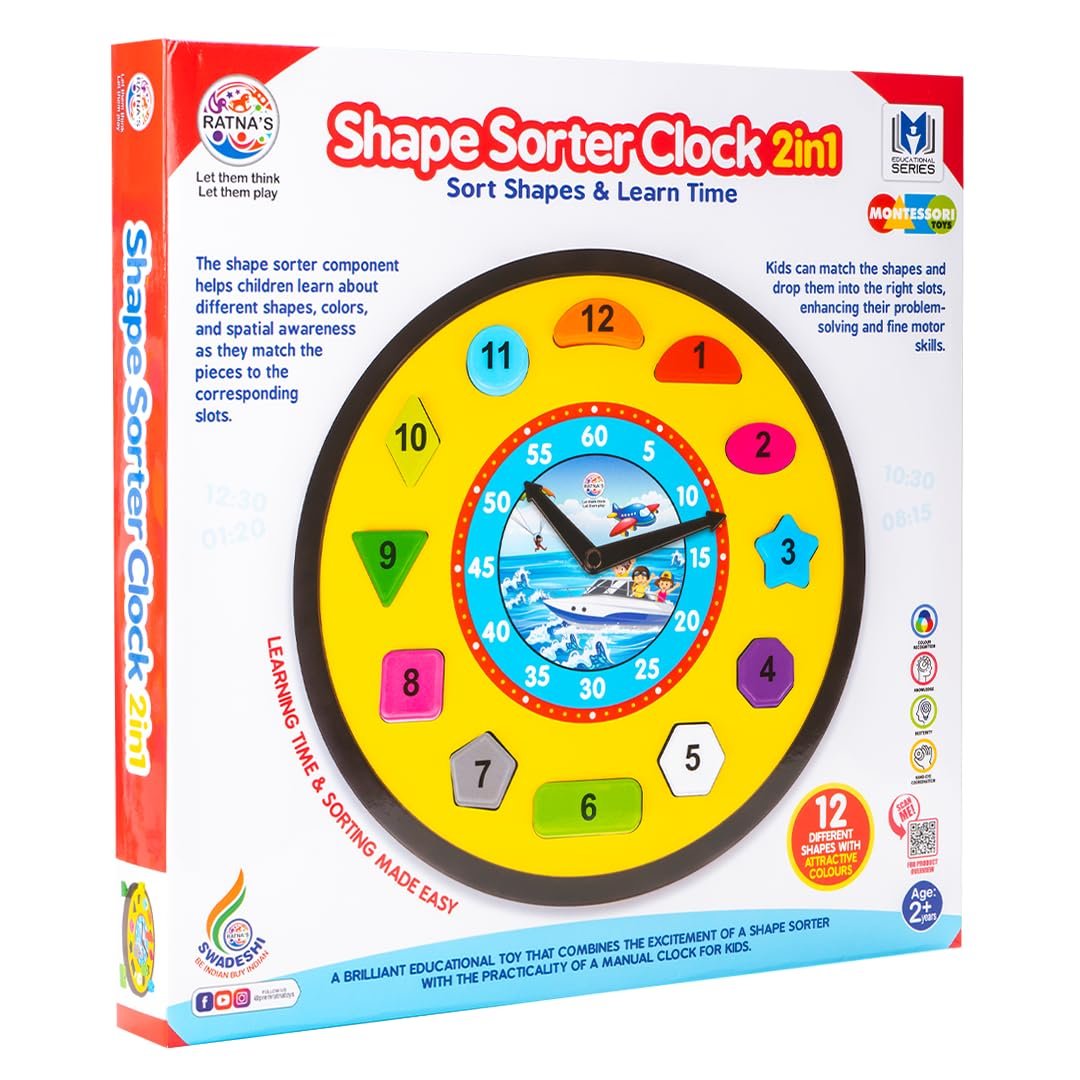 Shape Sorter Clock 2in1 Educational Clock Learning Toy Along with Shapes, Numbers & Colors Teaching Time Montessori Toys for Toddlers & Kids 3+ Years (Assorted Colours) - Image 2