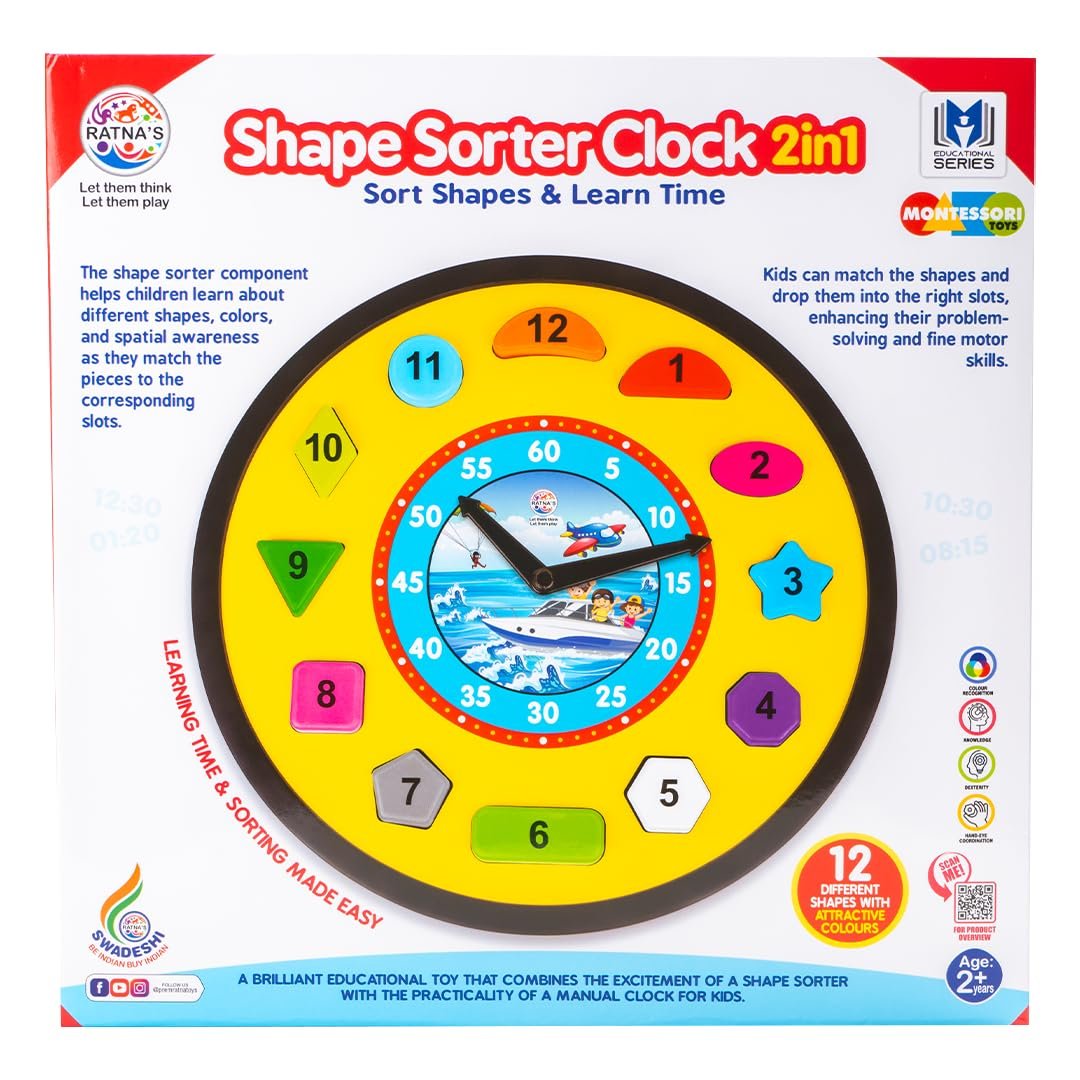 Shape Sorter Clock 2in1 Educational Clock Learning Toy Along with Shapes, Numbers & Colors Teaching Time Montessori Toys for Toddlers & Kids 3+ Years (Assorted Colours) - Image 3
