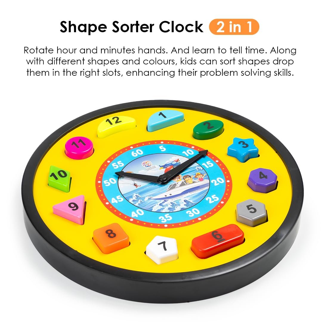 Shape Sorter Clock 2in1 Educational Clock Learning Toy Along with Shapes, Numbers & Colors Teaching Time Montessori Toys for Toddlers & Kids 3+ Years (Assorted Colours) - Image 7