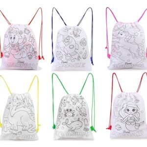  JOYHUB DIY Drawstring Dori Backpack for Kids in Cartoon Print, Washable, Reusable, Colouring, Non Woven Goodie Bag, Good Option for Birthday Return Gift or Kids Parties (Pack of 12)