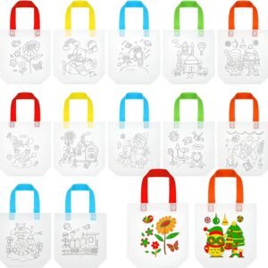 JOYHUBDIY Eco-friendly Graffiti Bag Children Reusable Handmade Canvas Painting Non-woven Bag Kids Art Craft Colour Filling Drawing Toy Party Gifting Bags for Return Gifts (Assorted, 12pcs)