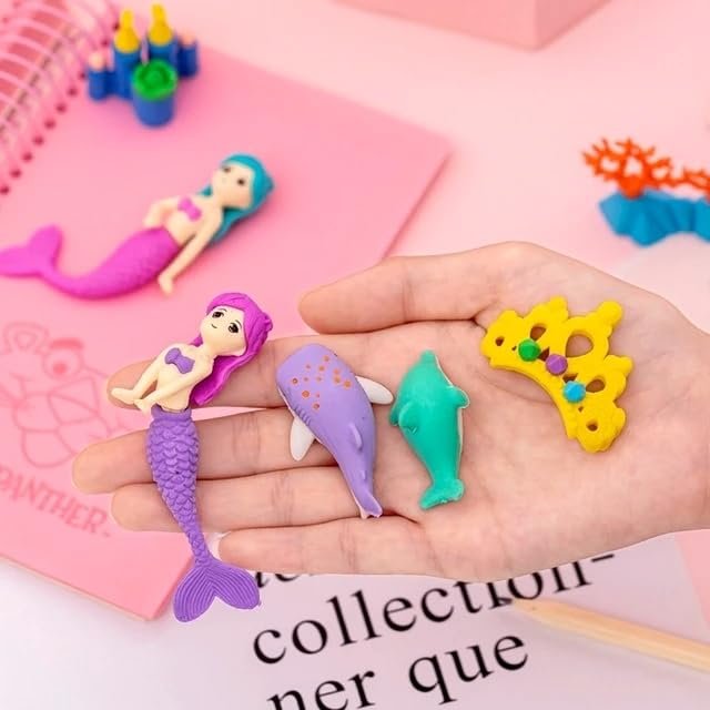JOYHUB Beautiful Mermaid Theme Ocean Princess with Crown Rubber Pencil Erasers, School Stationery for Kids, Boys Girls, Birthday Return Gifts - Image 2