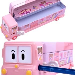 JOYHUB 2 in 1 - Cartoon Printed School Bus Metal Pencil Box with Moving Tyres and Sharpener for Kids | Geometry Box (Color-Assorted)