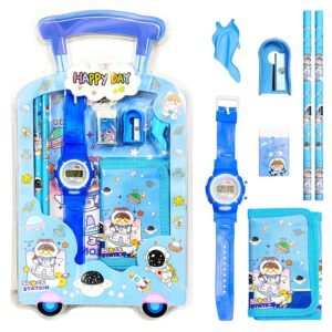  7 Pcs Stationery Set Toy for Kids - School Supply Kit with Pencil, Eraser, Sharpener, Wrist Watch and Purse - Birthday Return Gift - Color and Design As Per Stock (Pack of 12)