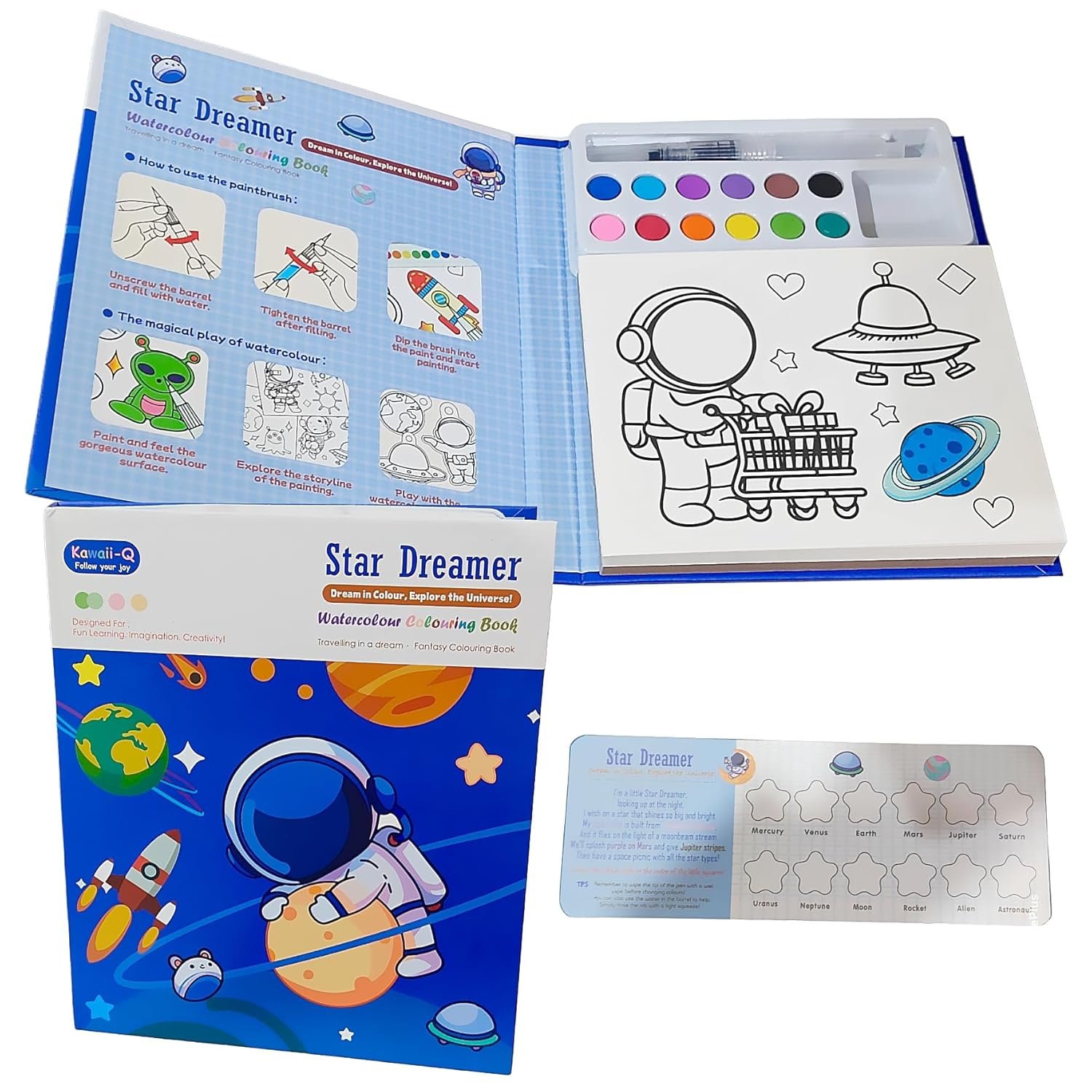 JOYHUB Star Dreamer Coloring Book for Kids – Watercolor Painting Book Set, DIY Graffiti Colouring Pad with Watercolour Paint Brush, DIY Colouring Kit for Kids, Set of 6pcs