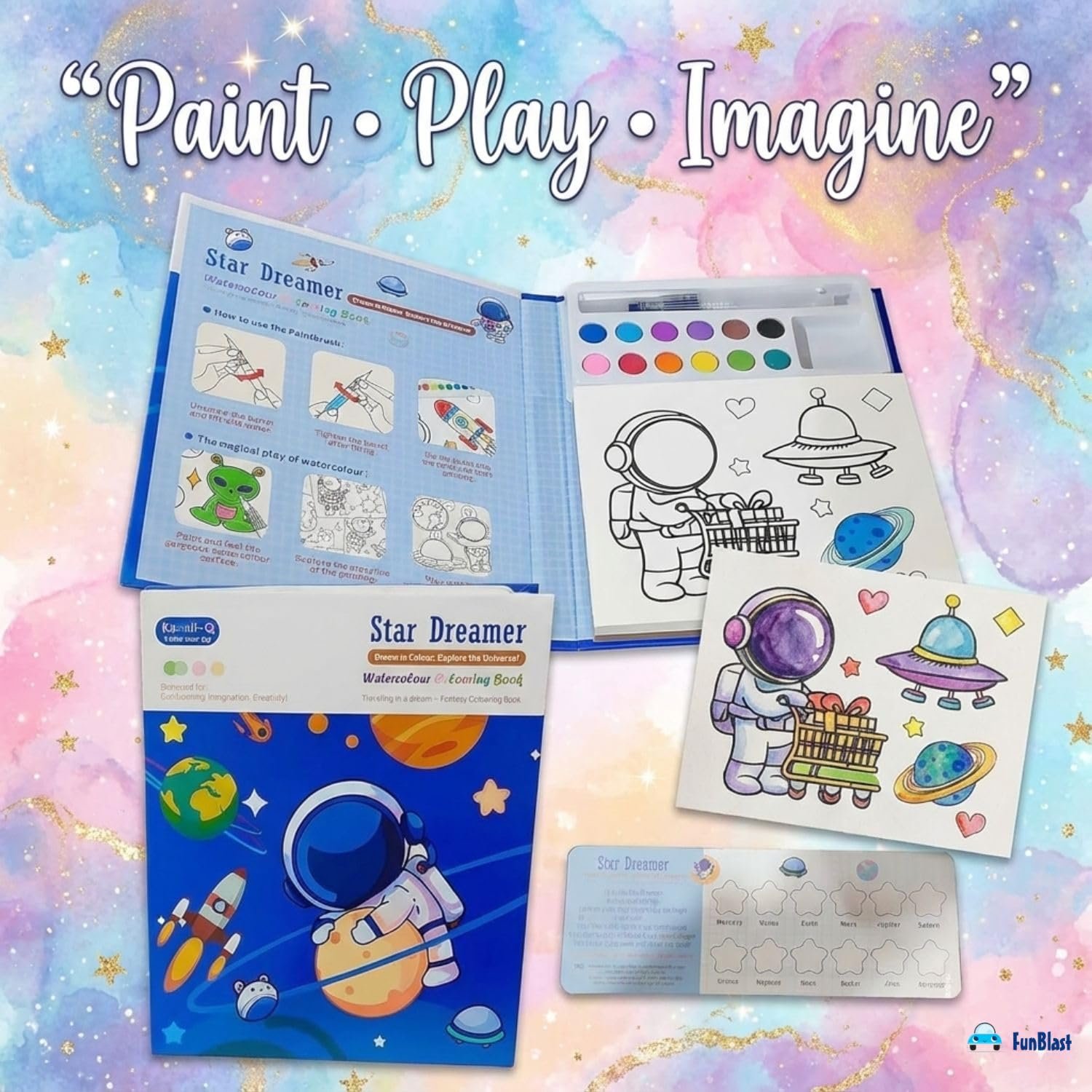 JOYHUB Star Dreamer Coloring Book for Kids – Watercolor Painting Book Set, DIY Graffiti Colouring Pad with Watercolour Paint Brush, DIY Colouring Kit for Kids, Set of 6pcs - Image 2