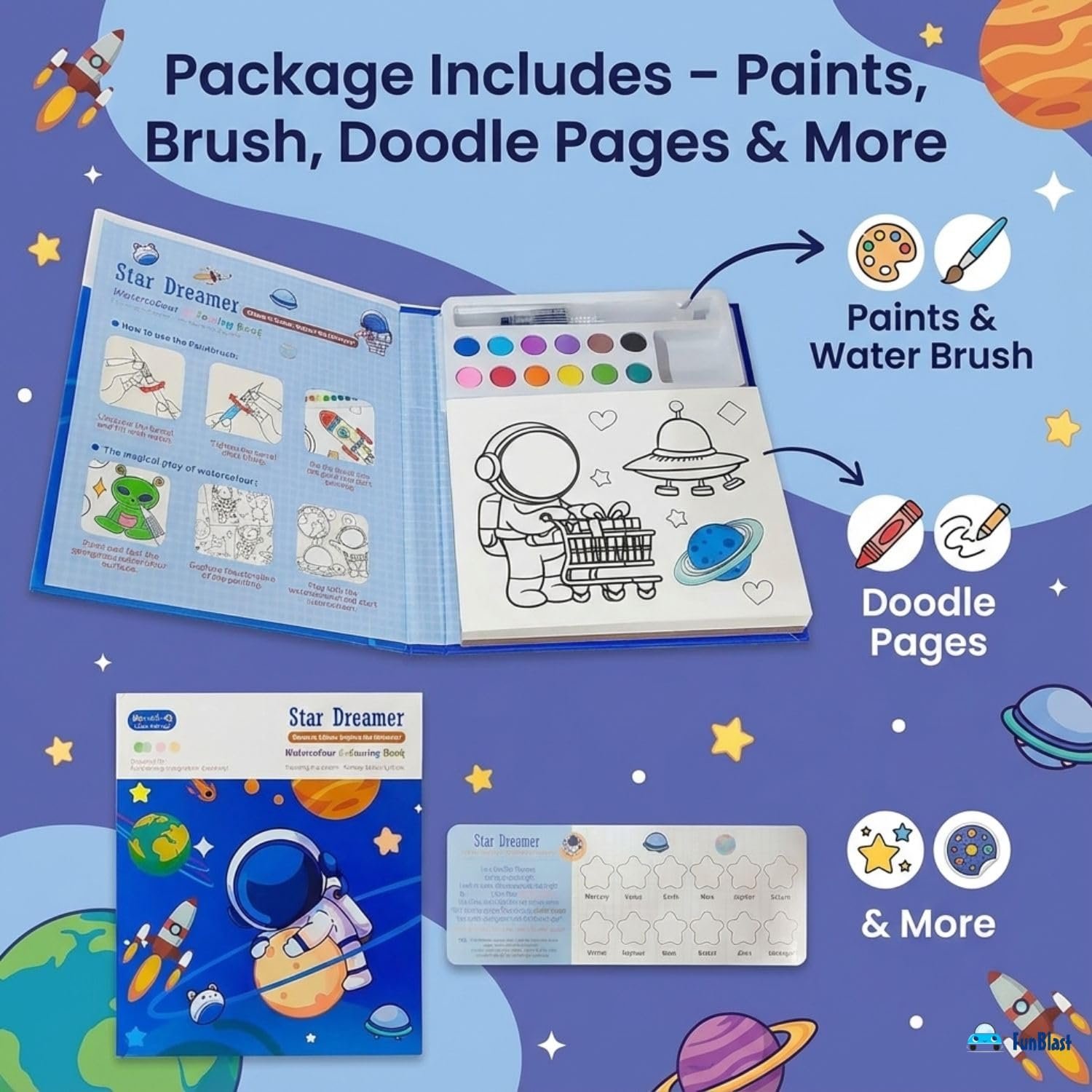 JOYHUB Star Dreamer Coloring Book for Kids – Watercolor Painting Book Set, DIY Graffiti Colouring Pad with Watercolour Paint Brush, DIY Colouring Kit for Kids, Set of 6pcs - Image 7