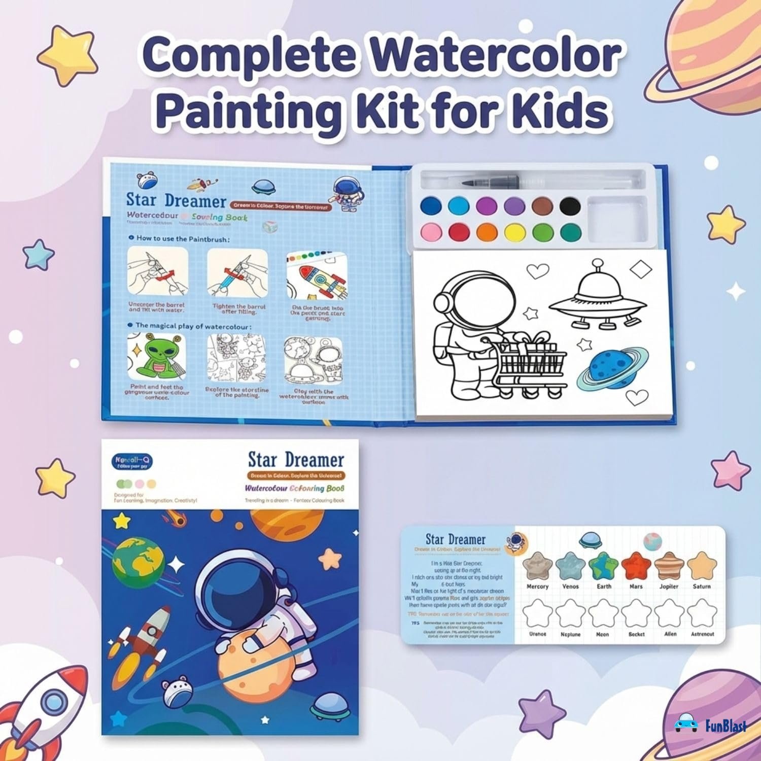 JOYHUB Star Dreamer Coloring Book for Kids – Watercolor Painting Book Set, DIY Graffiti Colouring Pad with Watercolour Paint Brush, DIY Colouring Kit for Kids, Set of 6pcs - Image 9
