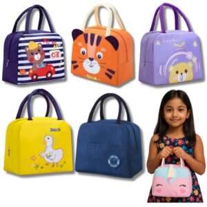JH01172 (1) JOYHUB 5 Piece Insulated Lunch Bag for Kids - School Tiffin Bag - Tiffin Bag for Office - Storage Bag - Birthday Party Return Gifts - Return Gift for Kids in Bulk - Pack of 5 (Assorted)