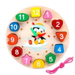  Wooden Learning Clock with Bead Lace, Educational Digital Analog Numbers, Shape & Color Learning Montessori Toy for Kids (Pack of 1, Multicolor)