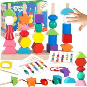 Wooden Beads Sequencing Toy Set | Montessori Lacing & Stacking Toy for Kids 2-5 | Color & Shape Matching Educational Fine Motor Skills Learning Toy | 40 Pcs