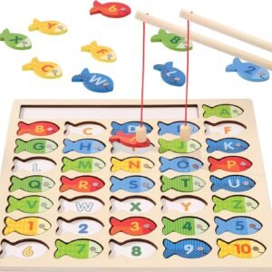Wooden Magnetic Fishing Game for Toddlers, Montessori Fine Motor Skills Toy with Letters and Numbers, Preschool Learning ABC and Puzzle Birthday Toys Gift for 3 4 5 6 7 8+ Year Old Kids(2 Poles)