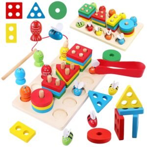 Montessori Toys for 1+ Year Old | Wooden Shape Sorting & Toddler Fishing Toys | Wooden Geometric Shapes Shorter Stacking Toy Puzzle | Color Stacker Shape Sorter Educational Learning Toy