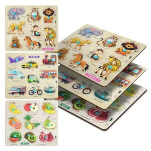 Wooden Puzzle Combo Set for Kids Vehicle, Fruit & Animal Knob Puzzles Montessori Educational Toy for Toddlers 2 Years+ Fine Motor Skill Learning Wooden Board Toy Gift, SET OF 3PCS