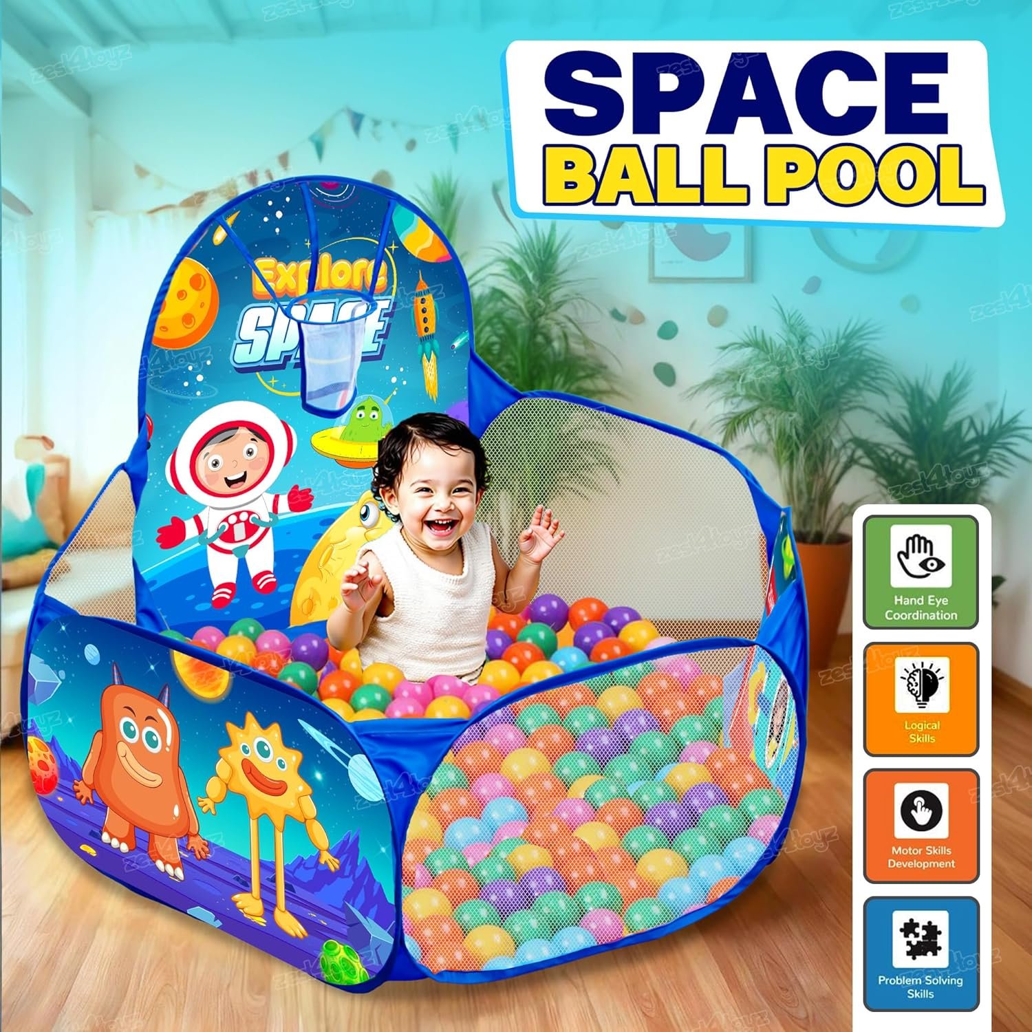 Ball Pool for Kids Ball Pit Foldable Ball Play Pool with Basketball Hoop Ball Tub Play Pool Indoor and Outdoor Playpen for Boys and Girls (Balls Included) - Space Themed
