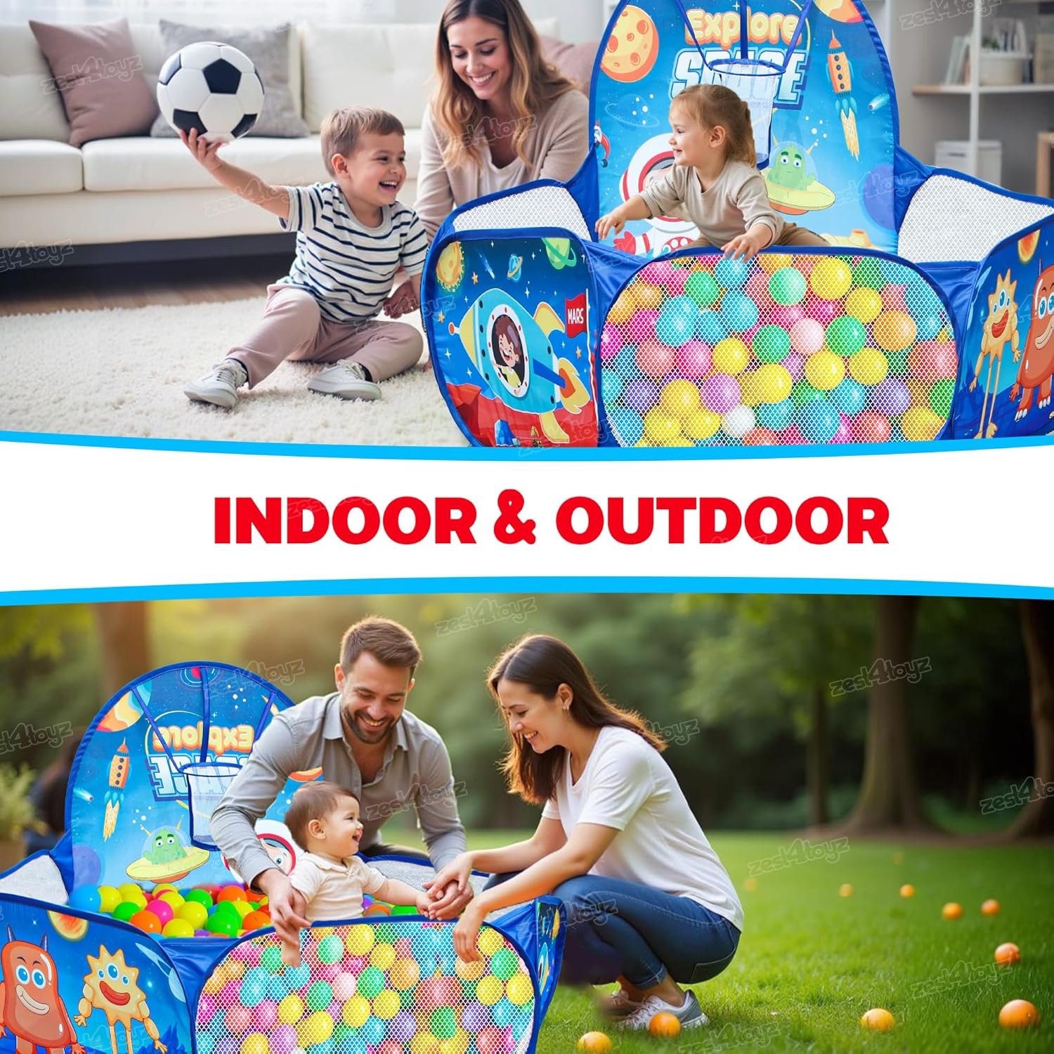 Ball Pool for Kids Ball Pit Foldable Ball Play Pool with Basketball Hoop Ball Tub Play Pool Indoor and Outdoor Playpen for Boys and Girls (Balls Included) - Space Themed - Image 3