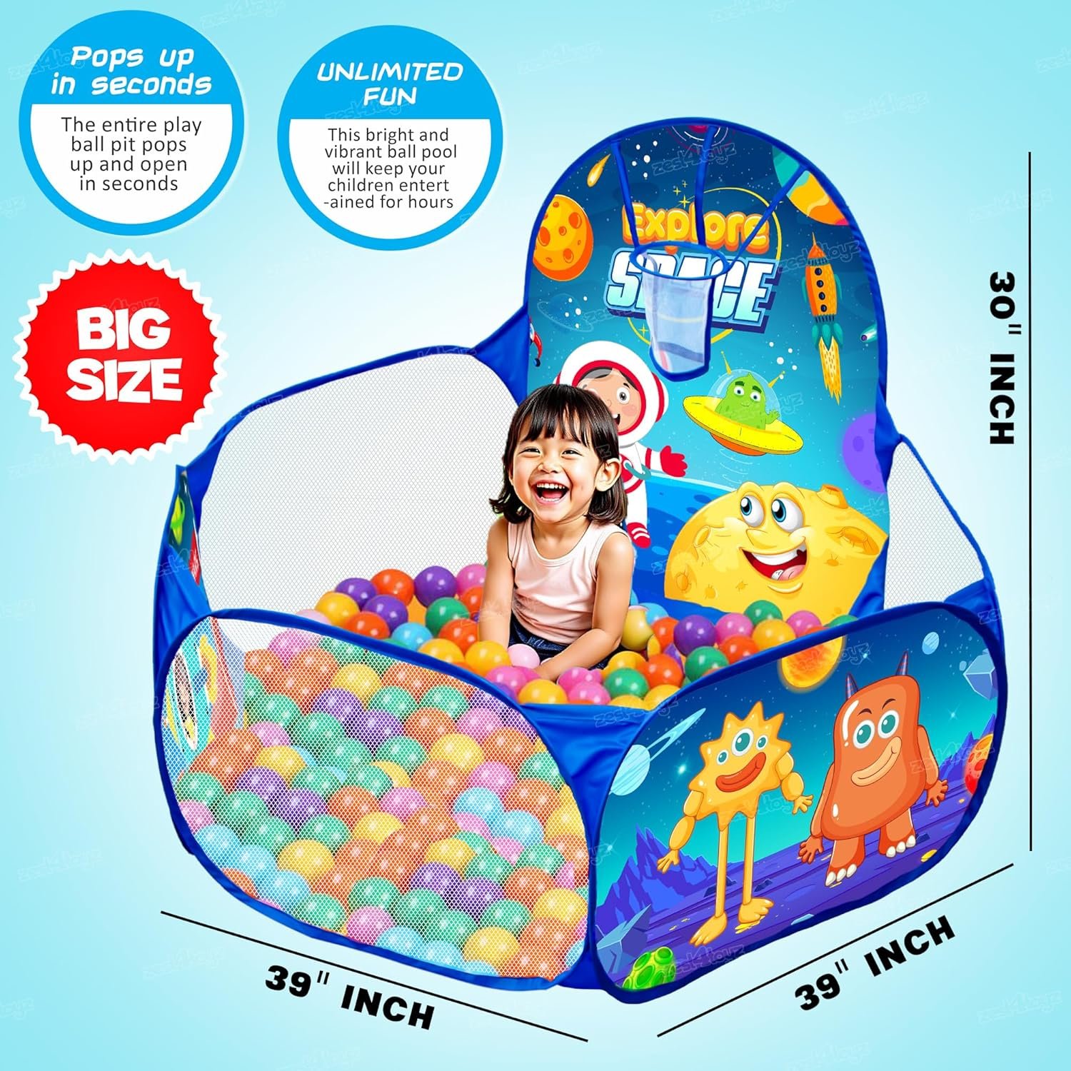 Ball Pool for Kids Ball Pit Foldable Ball Play Pool with Basketball Hoop Ball Tub Play Pool Indoor and Outdoor Playpen for Boys and Girls (Balls Included) - Space Themed - Image 6