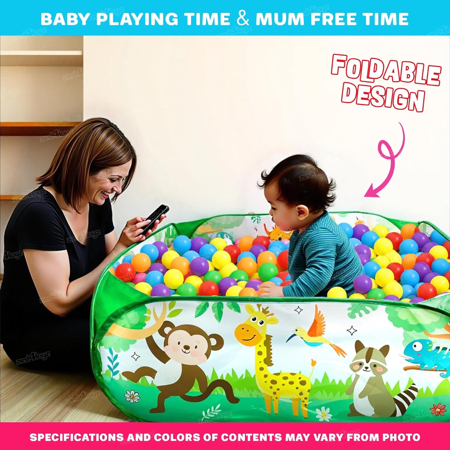 Ball Pool for Kids Ball Pit Foldable Ball Play Pool Ball Tub Play Pool Indoor and Outdoor Playpen for Toddler Boys and Girls (30 Balls Included) - Zoo Themed - Image 3