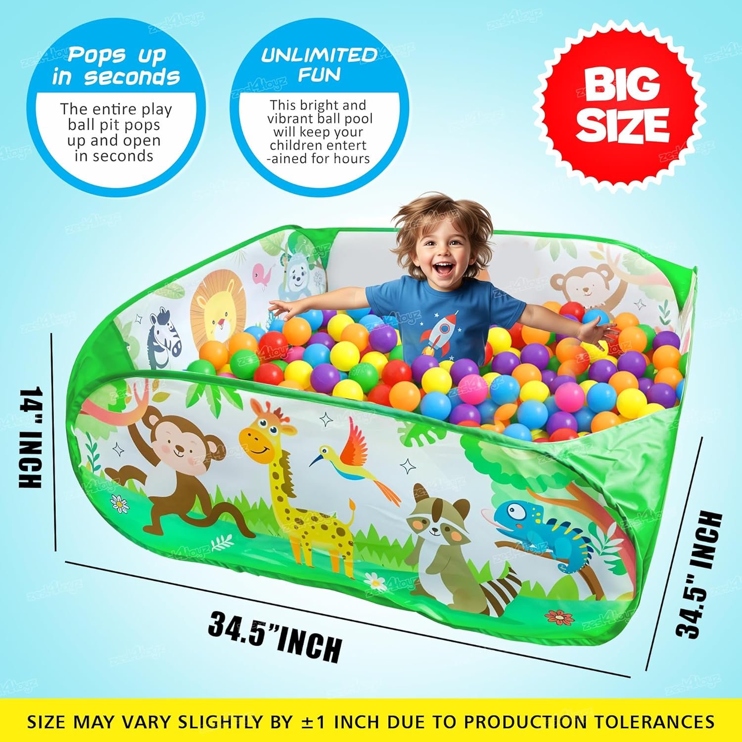 Ball Pool for Kids Ball Pit Foldable Ball Play Pool Ball Tub Play Pool Indoor and Outdoor Playpen for Toddler Boys and Girls (30 Balls Included) - Zoo Themed - Image 6