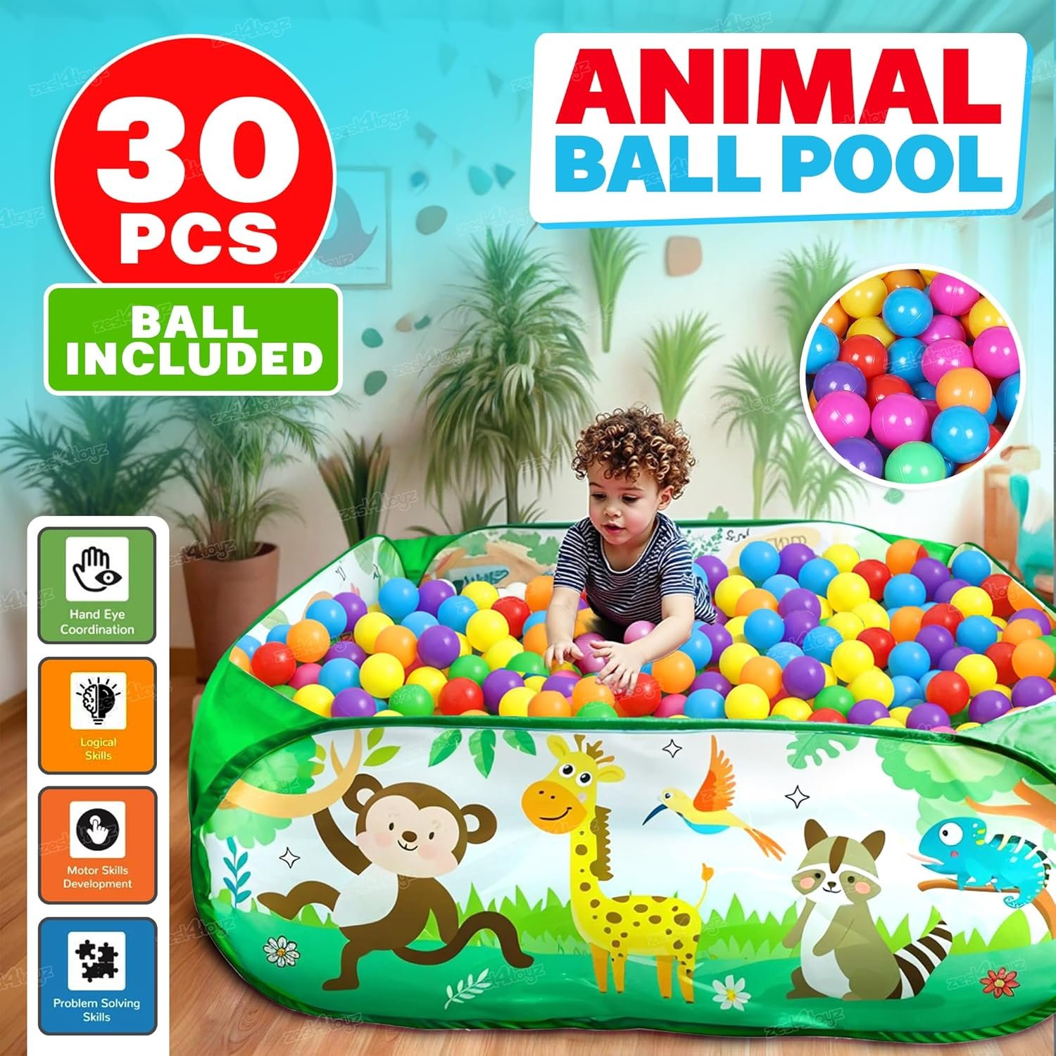 Ball Pool for Kids Ball Pit Foldable Ball Play Pool Ball Tub Play Pool Indoor and Outdoor Playpen for Toddler Boys and Girls (30 Balls Included) - Zoo Themed - Image 7