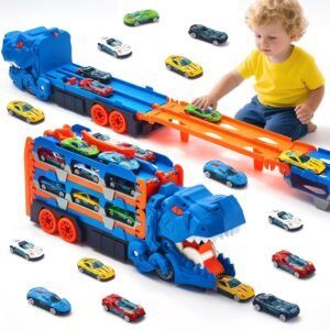 Dinosaur Transport Truck Toy Cars for Boys Age 3 4 5 6 7, Portable Race Track Truck with 12 Cars 152 cm Range, Nice Birthday Xmas Gift for Boys Children Aged 3-8 Years