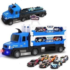 Storage & Deform Truck Toy with 55 inch 2 Ejection Race Track & 6 Cars- Catapult Truck with LED Light & Music for Kids (Red)